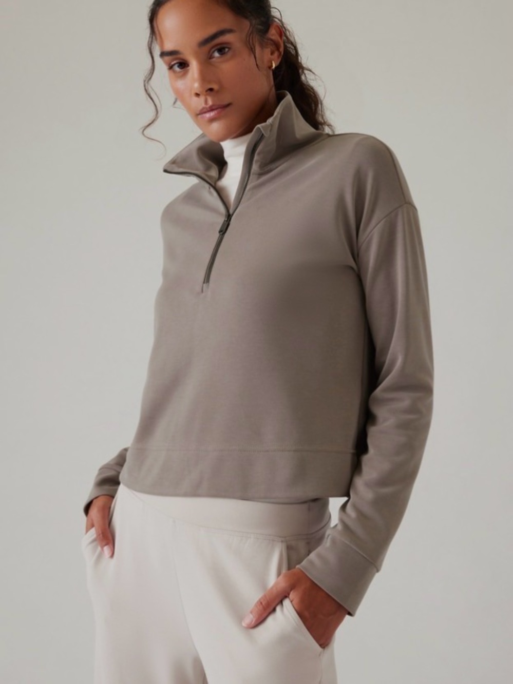 Athleta Half Zip Pullover Taupe Tencel Modal Womens L